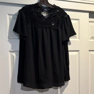 Lane Bryant Black Crochet Yoke Short Sleeve Blouse